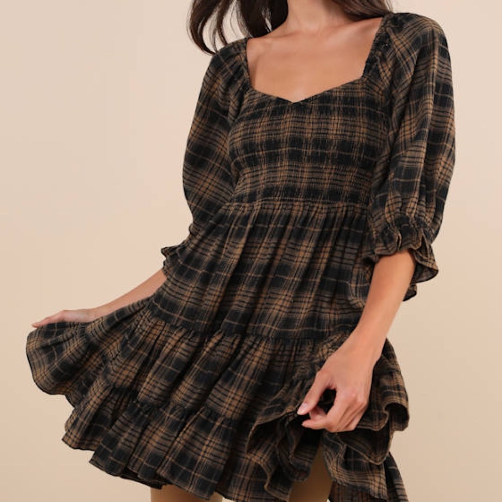 Lulus No One Cuter Black And Tan Plaid Puff Sleeve Tiered Mini Dress - Size XXS